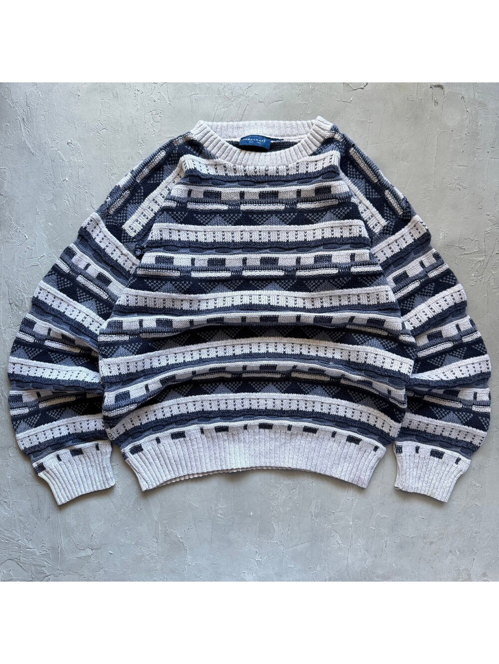 Vintage 1990s Towncraft White Blue Textured 3D Knit Grandpa Sweater L